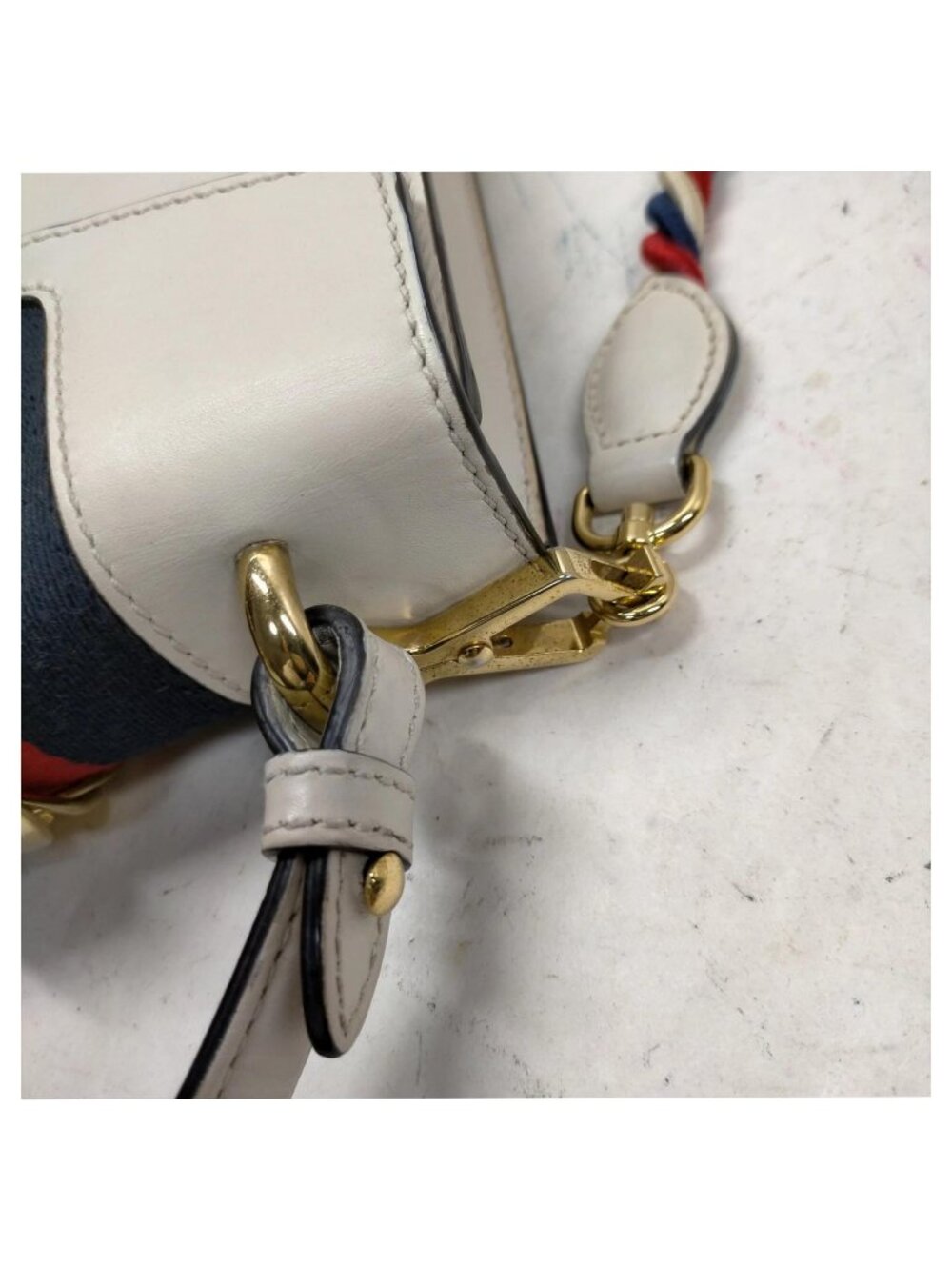 Authentic Gucci Sylvie Mini Top Handle White Leather Web Stripe Chain Crossbody - Picture 8 of 16